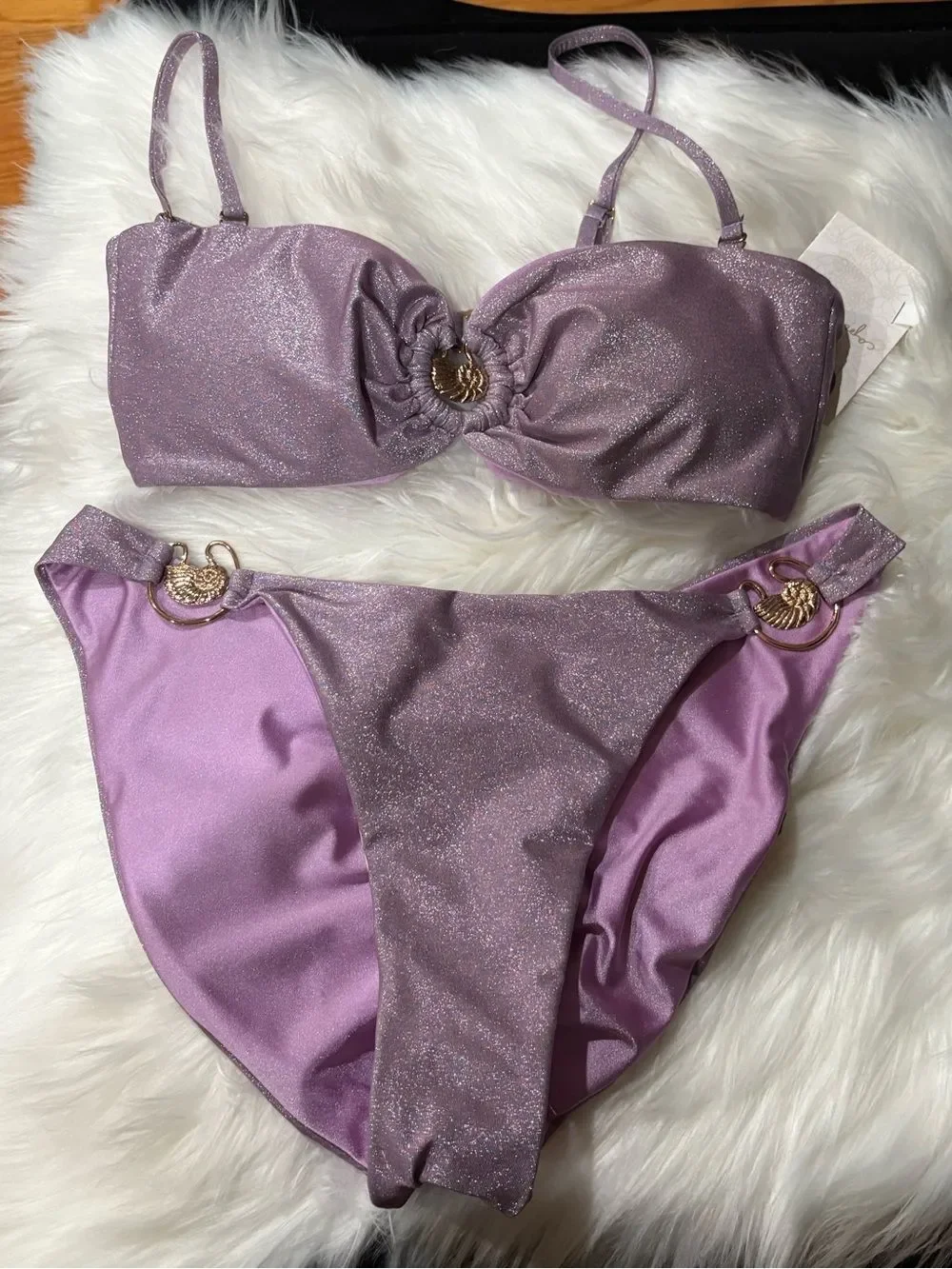 Lilac Bandeau Bikini Set with Gold Ring Accents - Women Swim